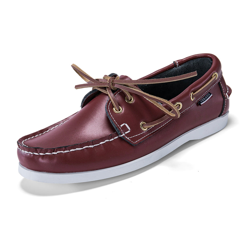 Men's leather boat shoes in burgundy, angled view