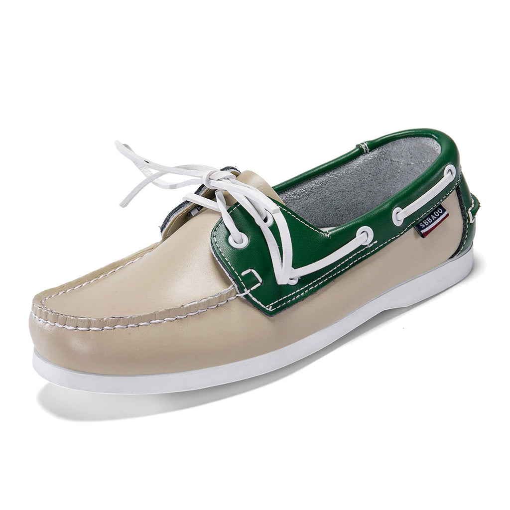 Men's leather boat shoes in beige and green, angled view