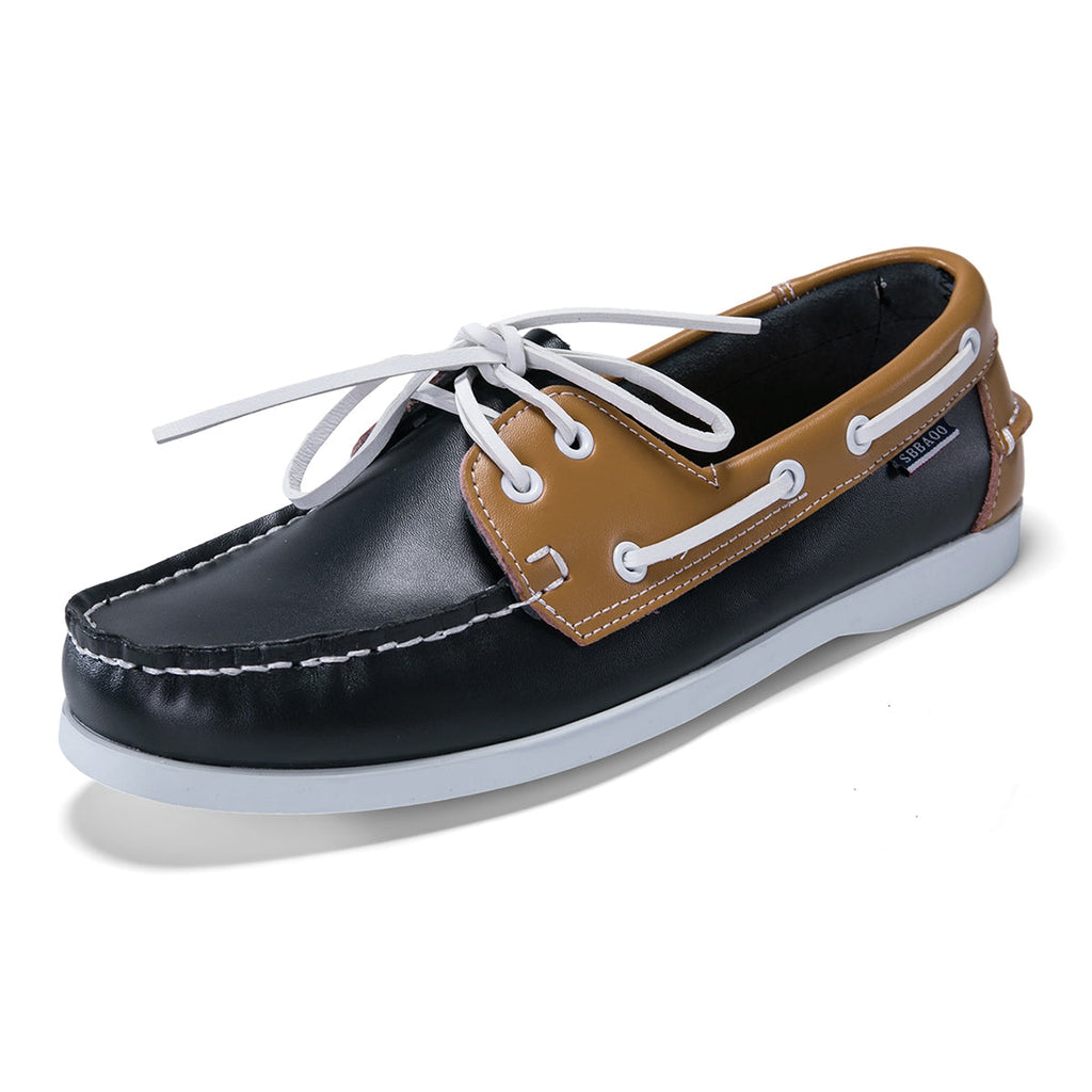 Men's leather boat shoes in black and tan, angled view