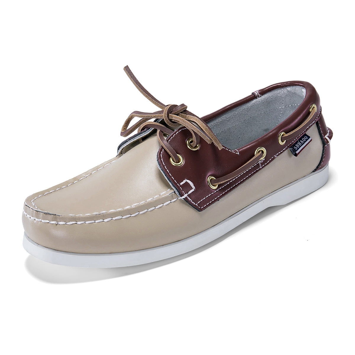 Men's leather boat shoes in beige and brown, angled view