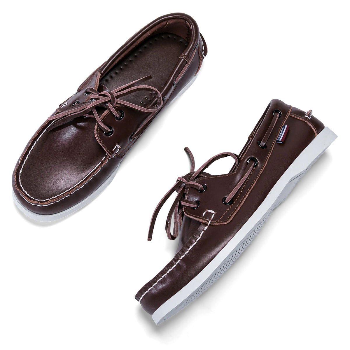 Men's leather boat shoes in deep brown, pair view
